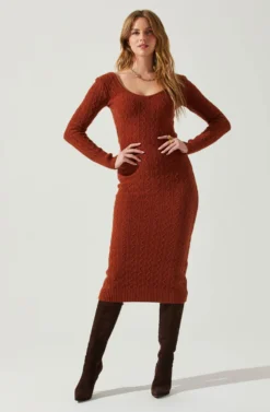 Regina Cutout Midi Sweater Dress -Barbie Clothing Shop ACDR101888 RUST 2 scaled