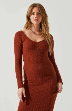 Regina Cutout Midi Sweater Dress -Barbie Clothing Shop ACDR101888 RUST 3 scaled