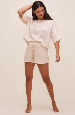 Rosabel Satin Tie Front Shorts -Barbie Clothing Shop ACP7208 CHAMPAGNE 1 scaled