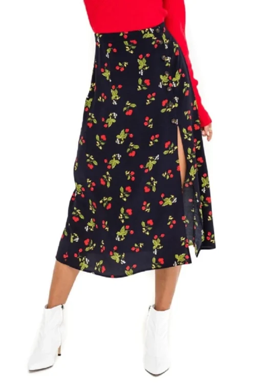 Button Side Slit Midi Skirt -Barbie Clothing Shop ACS9023B NAVY CHERRY PRINT 4