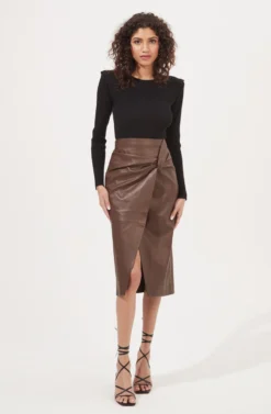 Kari Faux Leather Twist Front Midi Skirt -Barbie Clothing Shop ACS9076 BROWN 1 scaled