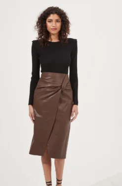 Kari Faux Leather Twist Front Midi Skirt -Barbie Clothing Shop ACS9076 BROWN 2 scaled