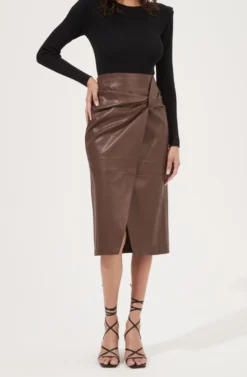 Kari Faux Leather Twist Front Midi Skirt -Barbie Clothing Shop ACS9076 BROWN 3 scaled