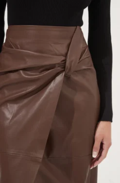 Kari Faux Leather Twist Front Midi Skirt -Barbie Clothing Shop ACS9076 BROWN 4 scaled