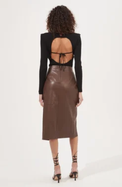 Kari Faux Leather Twist Front Midi Skirt -Barbie Clothing Shop ACS9076 BROWN 5 scaled