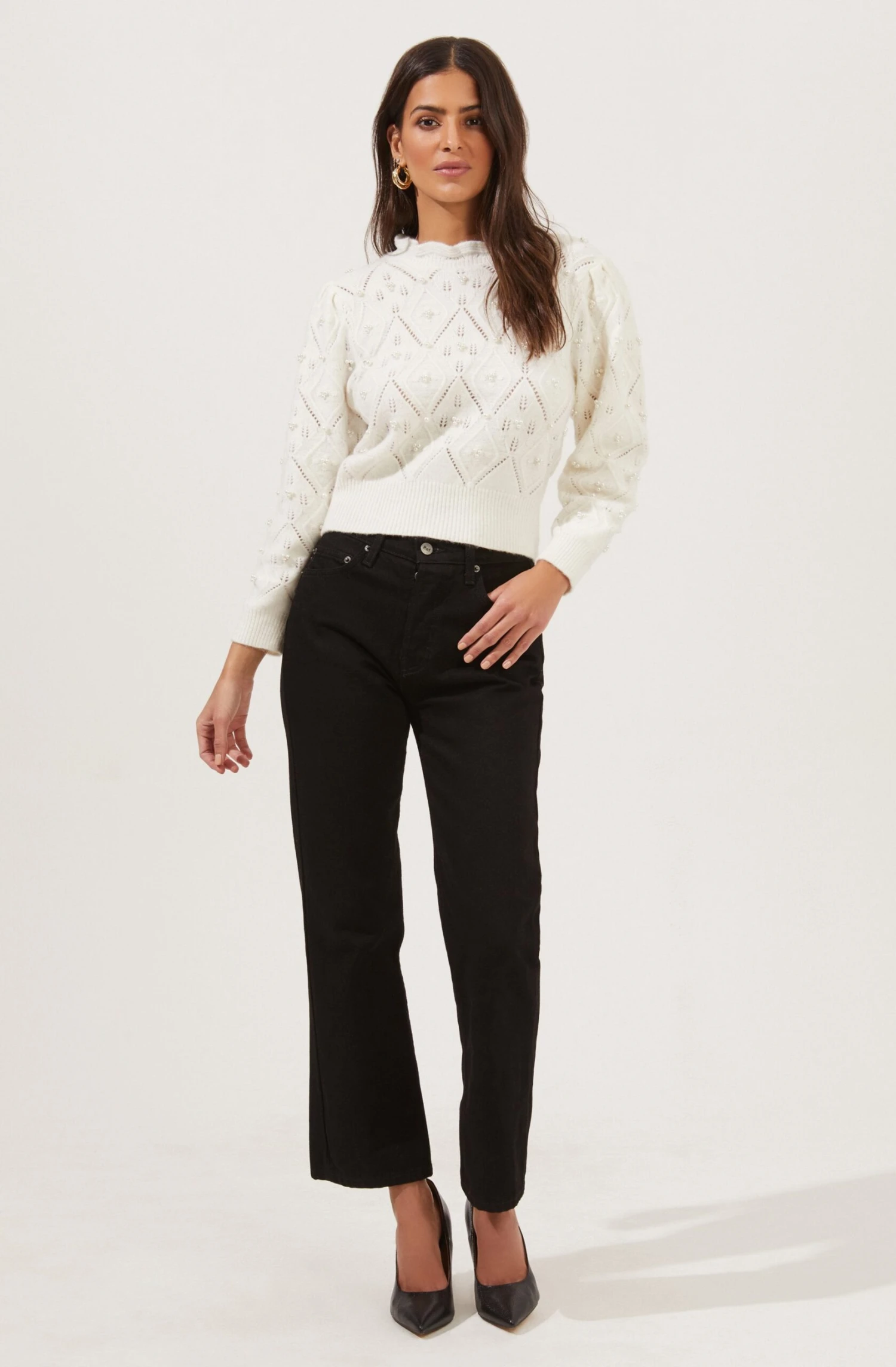 Taya Pearl Embellished Pointelle Frill Neck Sweater 4 Taya Pearl Embellished Pointelle Frill Neck Sweater - Image 4