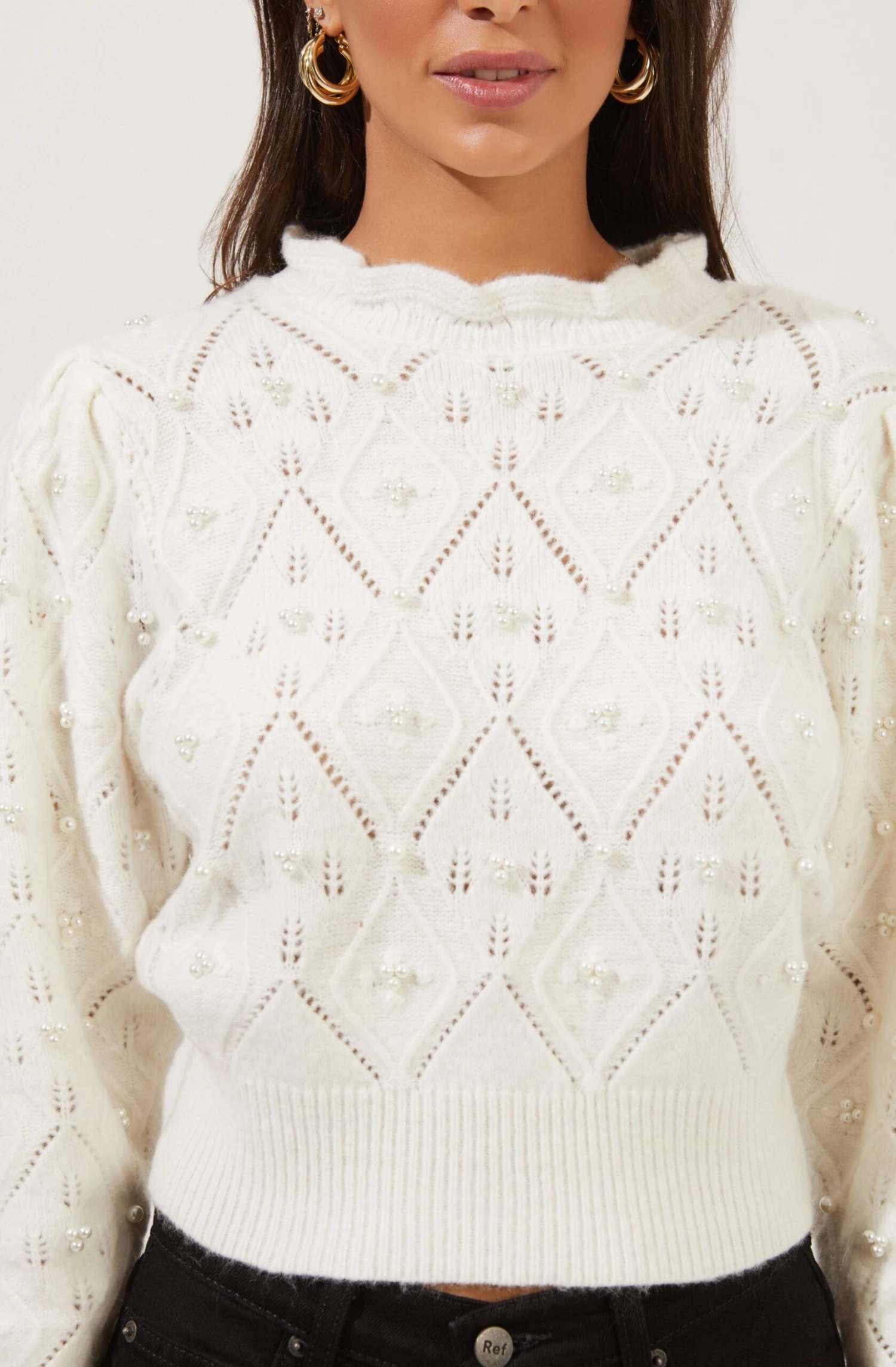 Taya Pearl Embellished Pointelle Frill Neck Sweater 2 Taya Pearl Embellished Pointelle Frill Neck Sweater - Image 2