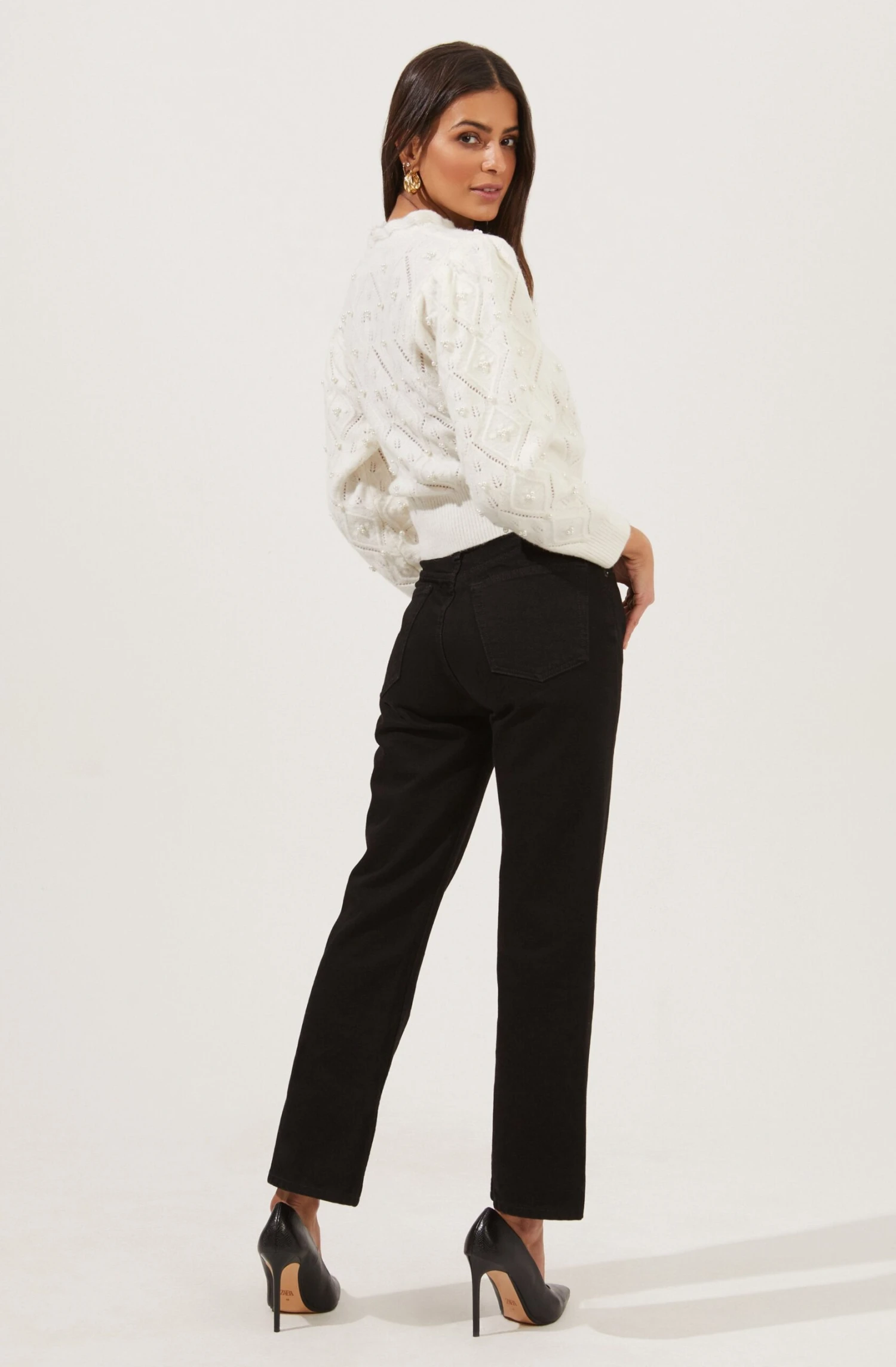 Taya Pearl Embellished Pointelle Frill Neck Sweater 3 Taya Pearl Embellished Pointelle Frill Neck Sweater - Image 3