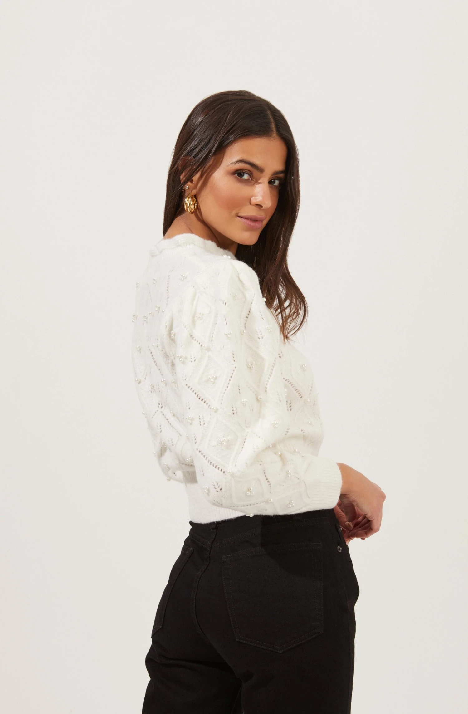 Taya Pearl Embellished Pointelle Frill Neck Sweater 5 Taya Pearl Embellished Pointelle Frill Neck Sweater - Image 5