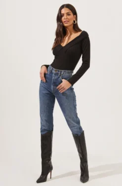 Nola Deep V Neck Ribbed Long Sleeve Bodysuit -Barbie Clothing Shop ACT16848 BLACK 1 scaled