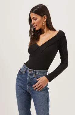 Nola Deep V Neck Ribbed Long Sleeve Bodysuit -Barbie Clothing Shop ACT16848 BLACK 2 scaled