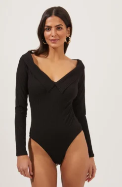 Nola Deep V Neck Ribbed Long Sleeve Bodysuit -Barbie Clothing Shop ACT16848 BLACK 6 scaled