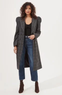 Audrey Plaid Shoulder Pad Longline Coat