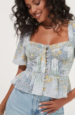 Clairemont Floral Bustier Puff Sleeve Peplum Top -Barbie Clothing Shop ACT16963 BLUEMULTIFLORAL 3 scaled