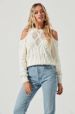 Mar Vista Cold Shoulder Cutout Cable Knit Sweater -Barbie Clothing Shop ACT16998 CREAM 2 scaled