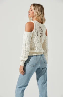 Mar Vista Cold Shoulder Cutout Cable Knit Sweater -Barbie Clothing Shop ACT16998 CREAM 6 scaled