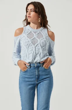 Mar Vista Cold Shoulder Cutout Cable Knit Sweater -Barbie Clothing Shop ACT16998 LIGHTBLUE 2 scaled