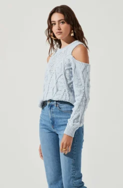 Mar Vista Cold Shoulder Cutout Cable Knit Sweater -Barbie Clothing Shop ACT16998 LIGHTBLUE 3 scaled
