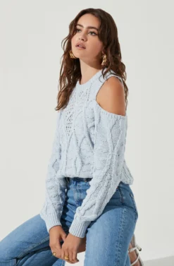 Mar Vista Cold Shoulder Cutout Cable Knit Sweater -Barbie Clothing Shop ACT16998 LIGHTBLUE 4 scaled