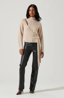 Sora Mock Neck Cutout Tie Waist Sweater -Barbie Clothing Shop ACT17261 CREAM 0784 scaled