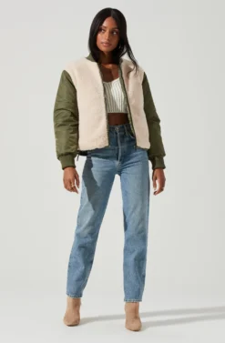 Tegan Faux Shearling Contrast Puffer Jacket -Barbie Clothing Shop ACT17307 OLIVE IVORY 0926 scaled