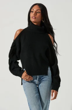 Ariella Shoulder Cutout Turtleneck Sweater -Barbie Clothing Shop ACT17311 BLACK 1073 scaled
