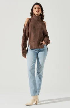 Ariella Shoulder Cutout Turtleneck Sweater -Barbie Clothing Shop ACT17311 BROWN 0898 2 scaled