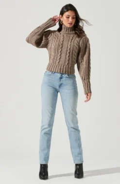 Haisley Cable Knit Turtleneck Sweater -Barbie Clothing Shop ACT17358 BROWN 0734 scaled