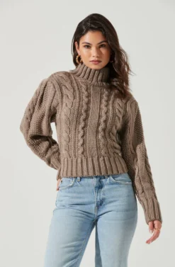 Haisley Cable Knit Turtleneck Sweater -Barbie Clothing Shop ACT17358 BROWN 0737 scaled