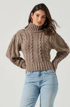 Haisley Cable Knit Turtleneck Sweater -Barbie Clothing Shop ACT17358 BROWN 0739 scaled