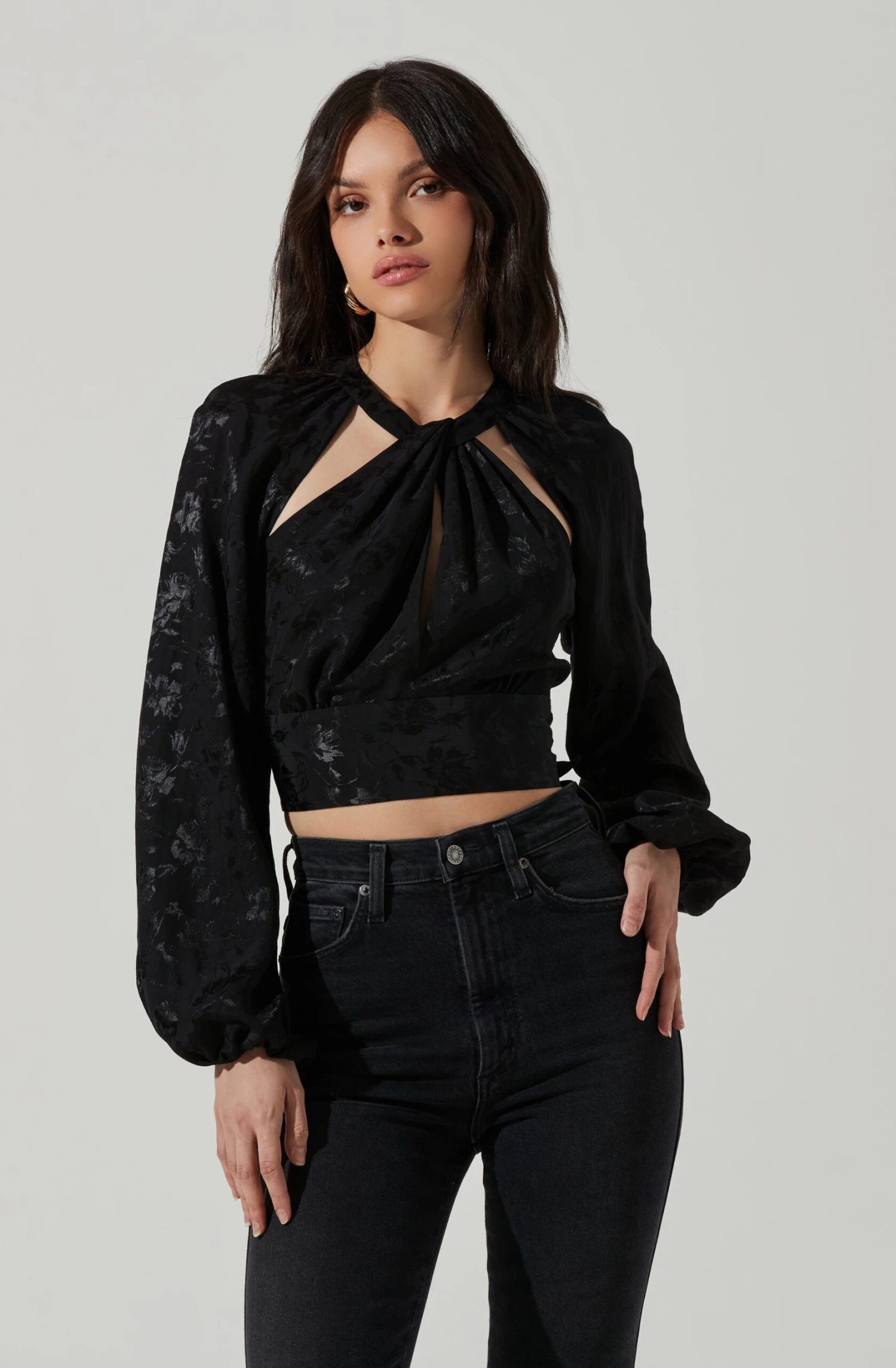 Betsy Floral Jacquard Cutout Long Sleeve Top 1 Betsy Floral Jacquard Cutout Long Sleeve Top