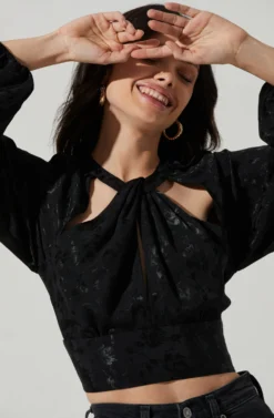 Betsy Floral Jacquard Cutout Long Sleeve Top 13 Betsy Floral Jacquard Cutout Long Sleeve Top -Barbie Clothing Shop ACT17466J BLACKJACQUARD 5 scaled