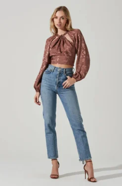 Betsy Floral Jacquard Cutout Long Sleeve Top 18 Betsy Floral Jacquard Cutout Long Sleeve Top -Barbie Clothing Shop ACT17466J BROWNJACQUARD 1 scaled