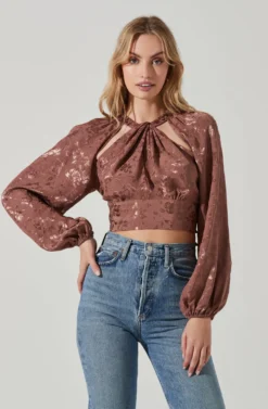 Betsy Floral Jacquard Cutout Long Sleeve Top 17 Betsy Floral Jacquard Cutout Long Sleeve Top -Barbie Clothing Shop ACT17466J BROWNJACQUARD 3 scaled