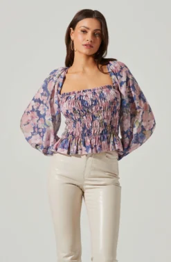 Nicollete Square Neck Smocked Long Sleeve Top -Barbie Clothing Shop ACT17479 PURPLEPINKFLORAL 1 3 scaled