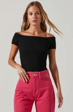 Leslie Off Shoulder Ribbed Knit Sweater -Barbie Clothing Shop ACT17756 BLACK 2 scaled