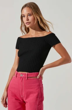 Leslie Off Shoulder Ribbed Knit Sweater -Barbie Clothing Shop ACT17756 BLACK 3 scaled