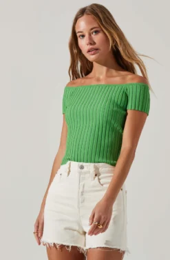 Leslie Off Shoulder Ribbed Knit Sweater -Barbie Clothing Shop ACT17756 LIMEGREEN 2 scaled