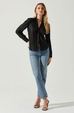 Laurel Satin Pleated Long Sleeve Top -Barbie Clothing Shop ACT17840P BLACK 1 scaled