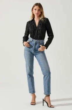 Laurel Satin Pleated Long Sleeve Top -Barbie Clothing Shop ACT17840P BLACK 2 scaled