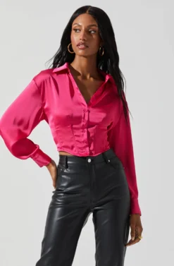 Millie Cropped Button Up Satin Top -Barbie Clothing Shop ACT17847 HOTPINK 3 scaled