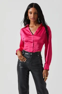 Millie Cropped Button Up Satin Top -Barbie Clothing Shop ACT17847 HOTPINK 4 scaled