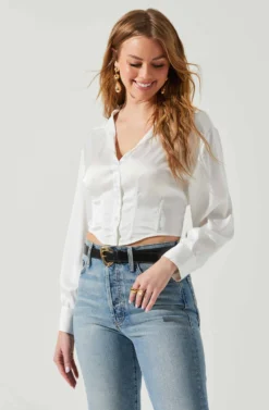 Millie Cropped Button Up Satin Top -Barbie Clothing Shop ACT17847 WHITE 4 3 scaled