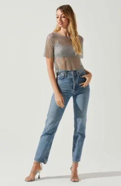 Mckay Rhinestone Mesh Short Sleeve Top -Barbie Clothing Shop ACT18042 GREY 2 scaled