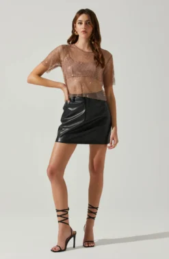 Mckay Rhinestone Mesh Short Sleeve Top -Barbie Clothing Shop ACT18042 TAUPE 1 scaled