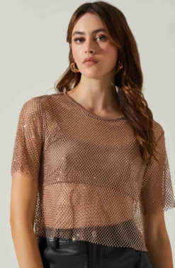 Mckay Rhinestone Mesh Short Sleeve Top -Barbie Clothing Shop ACT18042 TAUPE 3 scaled