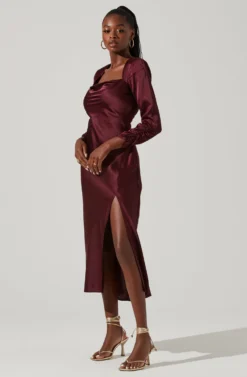 Gracie Long Sleeve Cutout Satin Midi Dress -Barbie Clothing Shop ADR101065 DEEPWINE 1 scaled