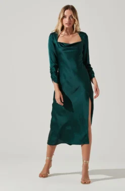 Gracie Long Sleeve Cutout Satin Midi Dress -Barbie Clothing Shop ADR101065 HUNTERGREEN 2 scaled