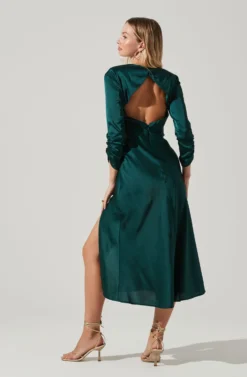 Gracie Long Sleeve Cutout Satin Midi Dress -Barbie Clothing Shop ADR101065 HUNTERGREEN 5 scaled