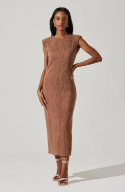 Plisse Straight Neck Midi Dress -Barbie Clothing Shop ADR101830 BROWN 1 scaled